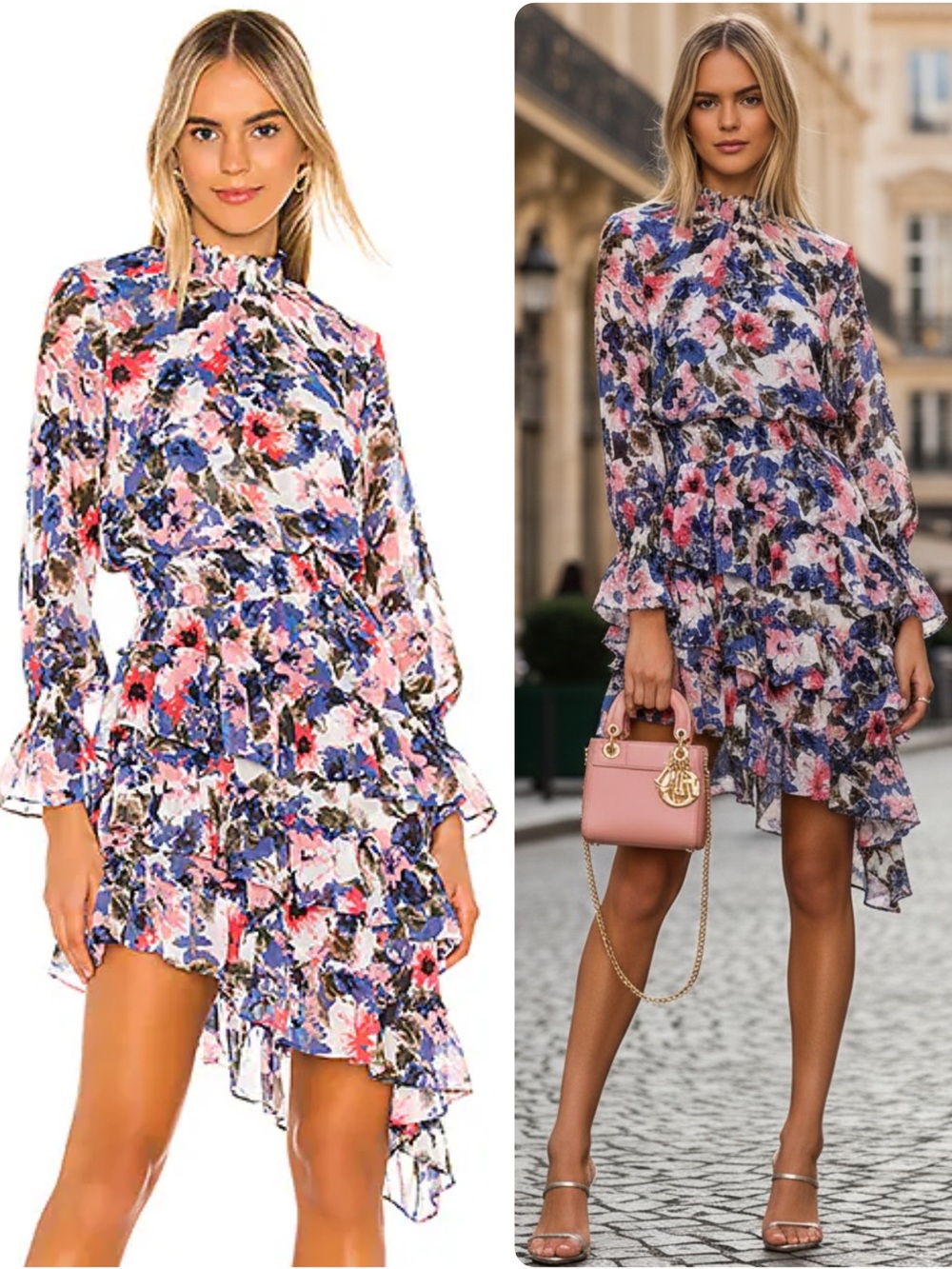Misa Los Angeles Savanna Tie Dye Floral Ruffle Asymmetric Midi Dress NWT $326